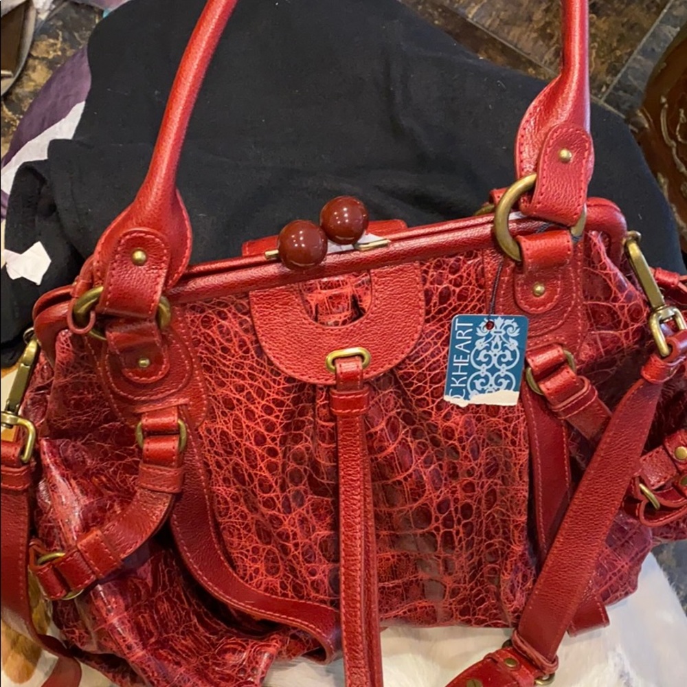 LOCKHART red embossed leather large satchel new!